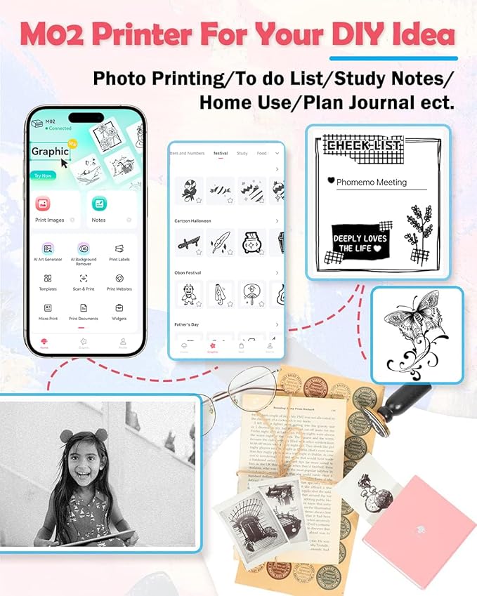Phomemo Mini Sticker Printer- Mini Printer Sticker Maker Machine M02, Print Pods Suitable for Creative DIY, Diaries, Photos, Study Notes, Portable Thermal Inkless Label Maker for Home/Travel, Pink