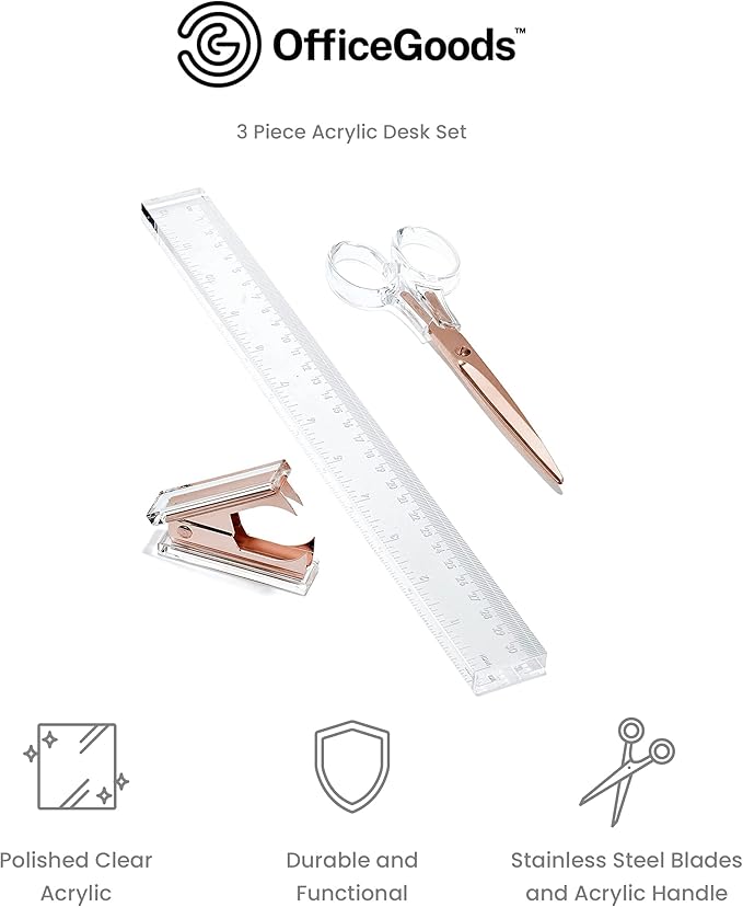 OfficeGoods 3 Piece Acrylic Desk Set - Includes Ruler, Staple Remover, Scissors - Functional & Elegant Desk Accessories - Stationery Tools for Home, Office, and School - Clear with Rose Gold Metal