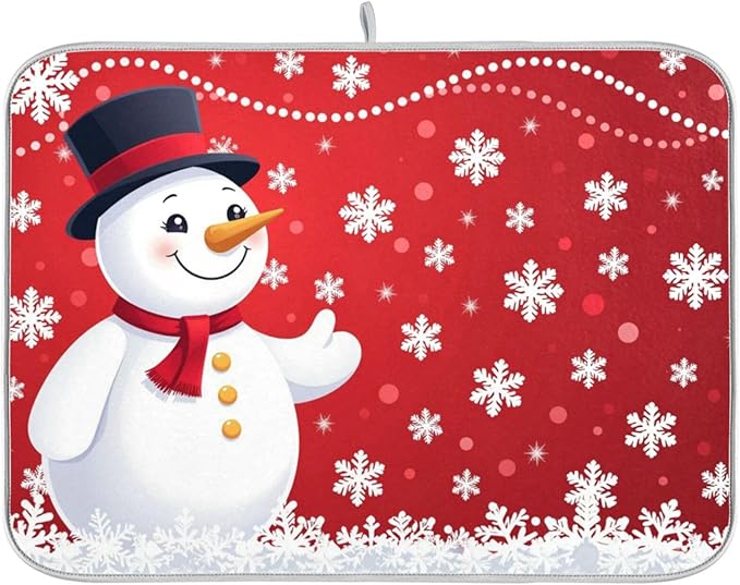 Christmas Snowflakes Snowman Dish Drying Mat 16 X 18 Inch Xmas Snowmen Winter Santa Dry Dishes Pads Tableware Mats Protector for Kitchen Countertops Counter Home Decorations