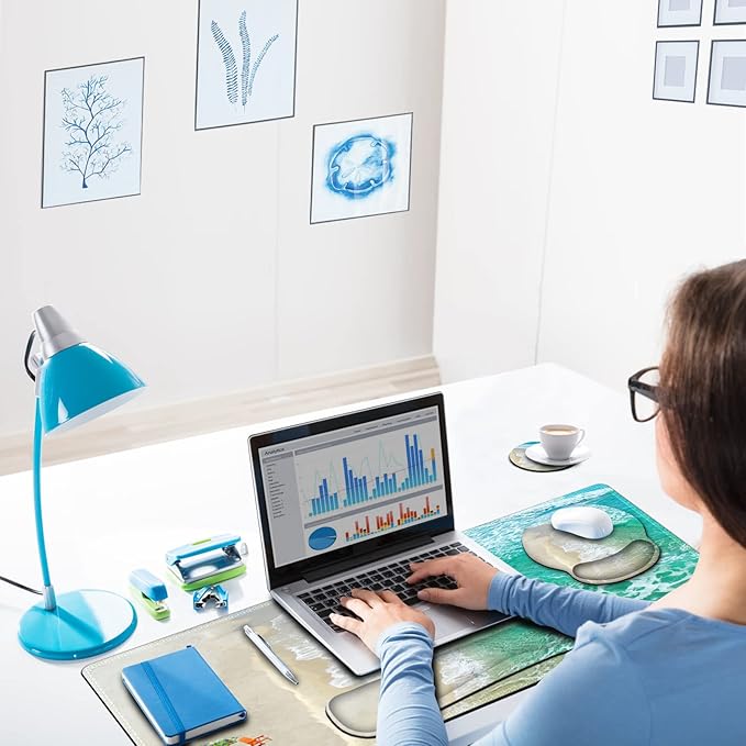 ARTSO Large Mouse Pad Ergonomic Keyboard Wrist Rest Support Combo, Non-Slip Memory Foam Gel Extended Desk Mat Protector, Ocean Beach Sunbathing