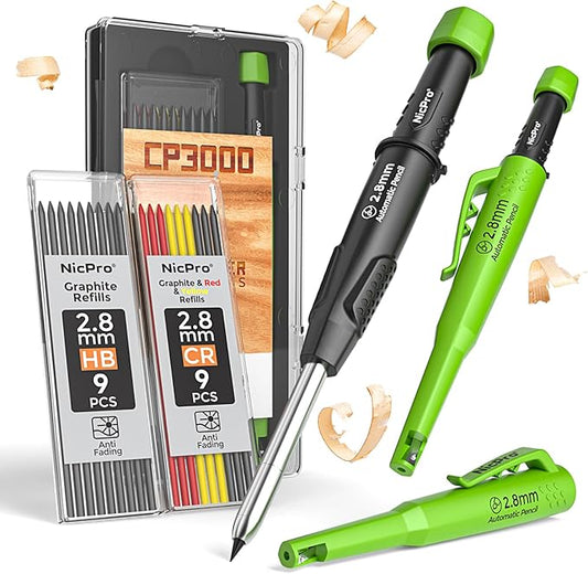 Nicpro Carpenter Pencil with Sharpener, CP3000 Carpenter Mechanical Pencils with 19 Refill, Deep Hole Marker for Construction, Heavy Duty Construction Pencil, Woodworking Tool for Architect Marking