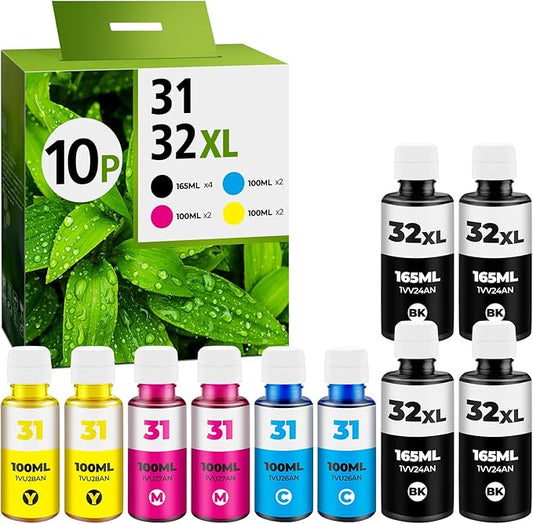 31 32XL Ink Bottle Set for Smart Tank Ink 5101 7602 5000 5103 651 6001 7301 7001 Compatible with HP 31 32XL Ink Bottle Set for Smart Tank 5000 5101 7602 7301 7001 5102 7002 7006 551 Printers, 10 Packs