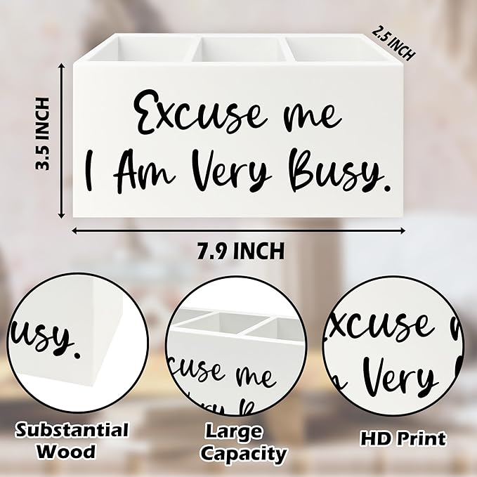 Funny Pen Pencil Holder Organizer for Desk, Funny Office Decor, Excuse Me I Am Very Busy Wooden Box Signs Decorations for Home Workplace Office Desk Tabletop
