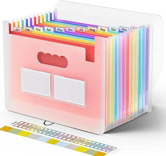 Sooez Accordion File Organizer, 13 Pockets Expanding File Folder, Portable Monthly Paper Bill Tax Receipt Organizer, Letter A4 Size Document Holder with Blank Labels