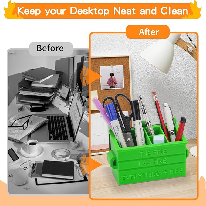 Dumpster Pencil Holder with Flame Light and Charging Port Dumpster Pen Holder Desk Accessories for Office Christmas Decor (Green, 1P)