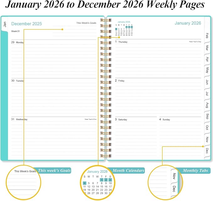 2026 Planner - Weekly and Monthly Calendar Planner from Jan 2026 - Dec 2026, Planner 2026 Spiral Bound with 12 Monthly Tabs, Inner Pocket, Perfect for School Office Supplies, 6.4" x 8.5", Teal