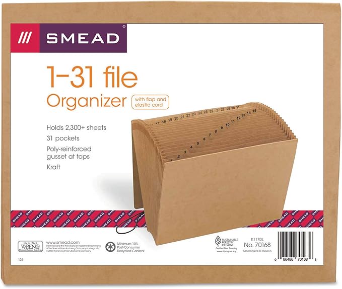 Smead Expanding File with Flap and Cord Closure, 31 Pockets, Daily (1-31), Letter Size, Kraft (70168) (Pack of 1)