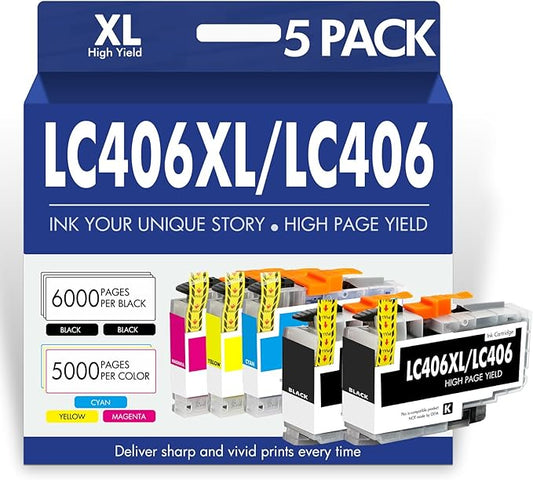 Cool Toner LC406XL LC406 Ink Cartridges for Brother Printer MFC-J4335DW MFC-J5855DW LC 406 XL for MFC-J6555DW MFC-J4535DW MFC-J6955DW MFC-J4345DW MFC-J5955DW HL-JF1 5 Pack-2Black Cyan Magenta Yellow