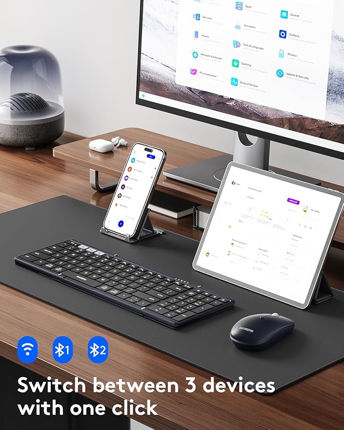 Foldable Keyboard and Mouse, Samsers Folding Bluetooth Keyboard Combo, 2.4G + BT5.0 x 2, Full-Size Portable Travel Keyboard & Rechargeable Wireless Mouse for Windows Android iOS Mac OS, Midnight