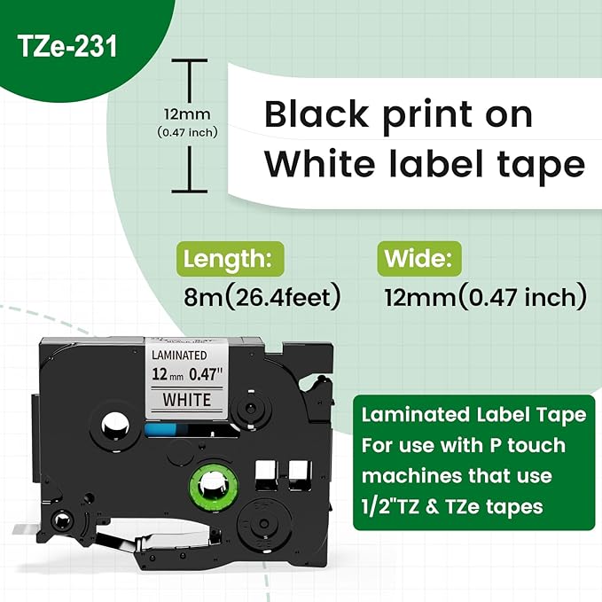 Label Maker Tape, Tze Tz Tape 12mm 0.47 Laminated White TZe-231 Replace for Brother P Touch TZ-231 AZe-231 Compatible with Brother P-Touch Label Maker Refills PT-D210 PTH110 PTD220,6PK