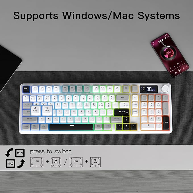Wireless Gaming Keyboard with Smart Display & Knob Control, Tri-Mode BT5.0/2.4GHz/Type C RGB Backlit Computer Keyboards with Number Pad, 26-Key Rollover, Compatible for Windows, Mac