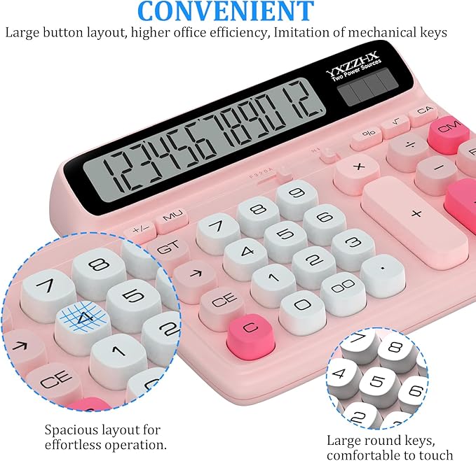 Desktop Calculator with Extra Large 5-Inch LCD Display, 12-Digit Two Way Power Solar & Battery Office Calculator with Big Buttons for Business, Accounting & Home Use(Pink)