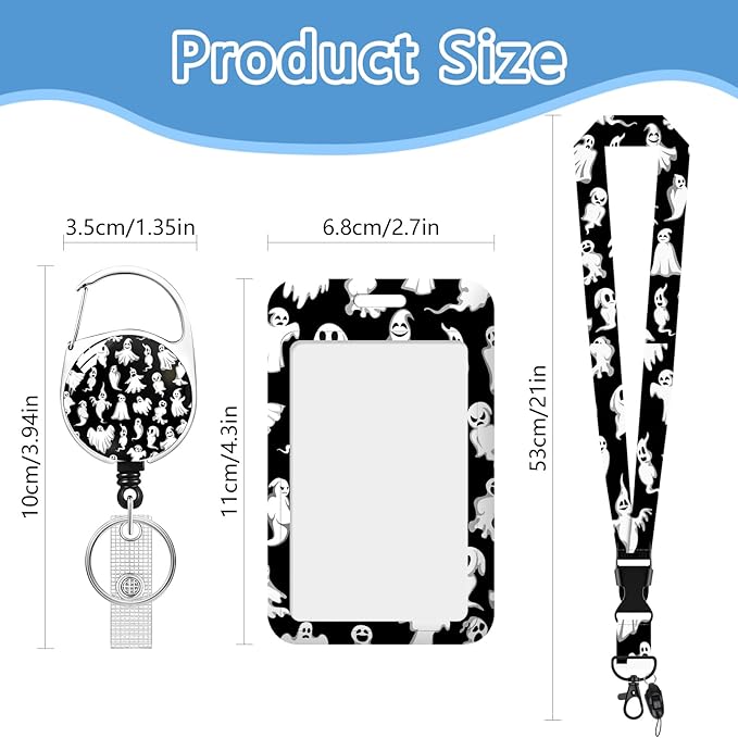 Halloween Lanyards with Id Holder, Cute Ghost ID Badge Holder with Retractable Lanyard, ID Holder with Badge Reel Clips, Name Tag ID Card Holder Teacher Women Doctor Office Gift