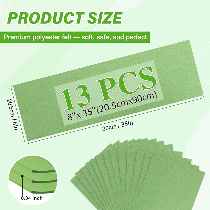 XSEINO 13 Rolls Grass Green Felt Fabric,8"x35"(20.5x90cm) 1.4mm Thick Soft Felt Fabric Sheet for Crafts,Grass Green Series Colors Soft Nonwoven Fabric,Fit for Decoration, Sewing, DIY Crafts