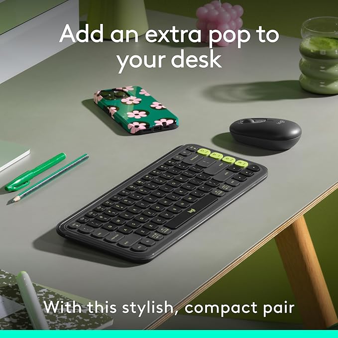 Logitech POP ICON Combo, Bluetooth Keyboard and Mouse Combo, Comfortable Typing, programmable Keys and Buttons, Quiet clicks, Easy-Switch up to 3 Devices - Graphite and Lime