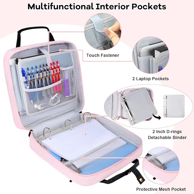 3 D-Ring Zipper Binder 2 Inch with Shoulder Strap, Waterproof Oxford Binder with Zipper Storage 500 Sheets Capacity, Multi-Pockets Organizer Bag for 13 Inch Laptop School& Office (Pink)