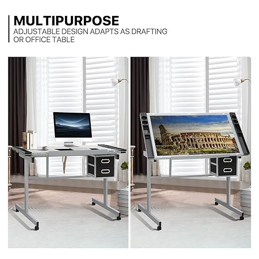 MoNiBloom Drafting Table on Wheels with Storage & Side Tray - Adjustable 0-65° Glass Tabletop, Replaceable Feet Art Desk