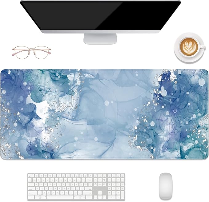 Desk Mat, 32" x 12" XXL Extended Large Gaming Mouse Pad, Desktop Decor Desk Pad, Cute Men Women Office Supplies and Accessories, XL Mouse Mat for Laptop & Keyboard, Blue Ink Painting
