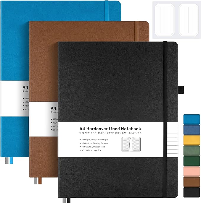 3 Pack College Ruled Notebook, A4 Hardcover Leather Notebook for Work, Lined Notebook Journal for Women, Men, 192 Thick Paper, 8.5" x 11", Large Notebook, Professional Business Notebook, Multicolor