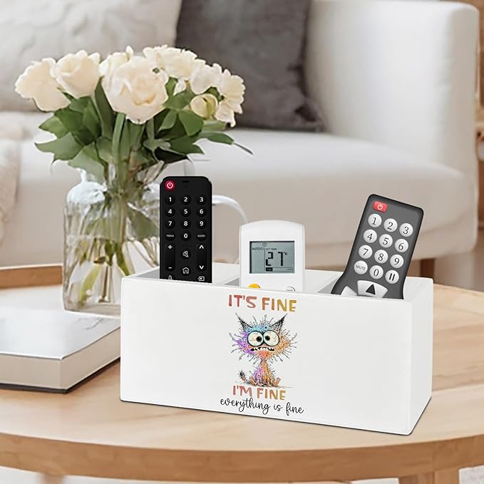 Funny Cat Pen Pencil Holder Organizer for Desk Accessories, It's Fine Everything Is Fine Wooden Box Sign Desk Decor for Home Office Decoration, Funny Cat Mom Lovers Gifts