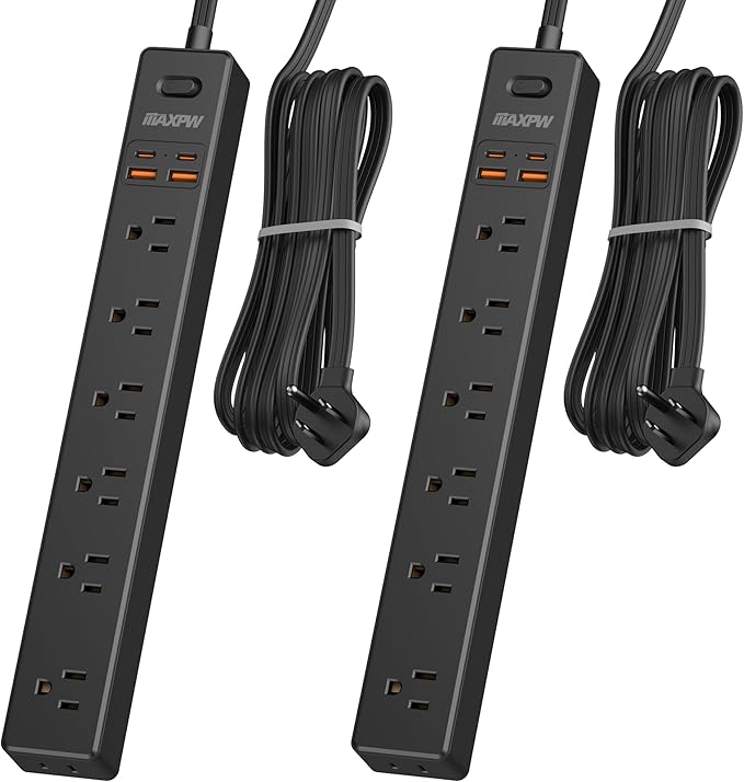 2 Pack Power Strip Surge Protector - 7 Outlets 4 USB Ports (2 USB C), Maxpw 10 Ft Ultra Thin Flat Plug Extension Cord, 1875W/15A, 1700 Joules, Wall Mount for Home Office Dorm, Black