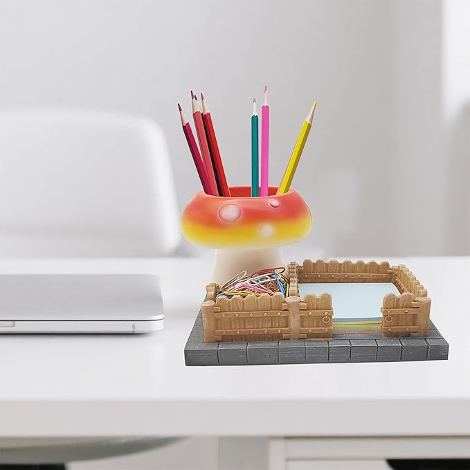 Mushroom Desk Organizers,3 Compartments Resin Office Desk Accessories with Pen Holder Sticky Note Holder,Pencil Holder and Paperclips Cup School Office Mushroom Decor