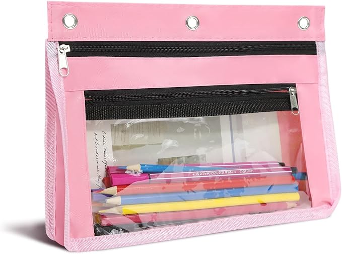 YoeeJob 1 Pack Pencil Pouch for 3 Ring Binder, Expandable Binder Pouches with Zipper, Large Capacity Pen Holder Case with Clear Window School Class Office Organizers, Pink