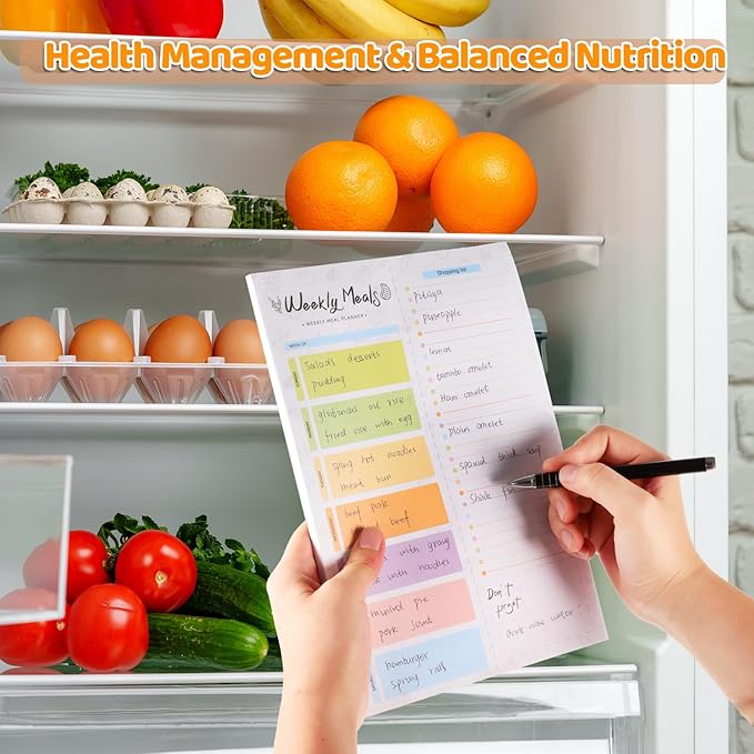 60 Sheet Meal Planner for Fridge with Pen Holder, Magnetic Weekly Meal Planner & Grocery List with Tear-off Shopping List for Meal Prep, 7x10''-Colored Lines