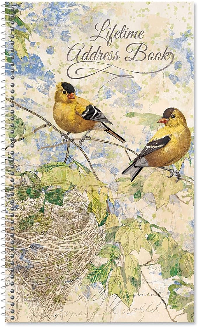 Current Feathered Nest Address Book - 94 Pages; Small 5" x 8-1/2" Size for Purse or Office, Spiral Bound Soft Cover Organizer for Contacts, Addresses, Email, & Phone Numbers + 50 Replacement Stickers