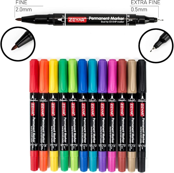 ZEYAR Twin Tip Permanent Markers, CD/DVD Markers, 12 Color, Ultra Fine Point and Fine Point for Signature and Marking (12 Colors)