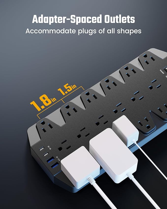 18 Widely Outlets Power Strip, SUPERDANNY Surge Protector with 4 USB Ports, 15FT Flat Plug Heavy Duty Extension Cord, 2100J, 1875W/15A, Wall Mount Holes for Home, Office, Dorm, Black