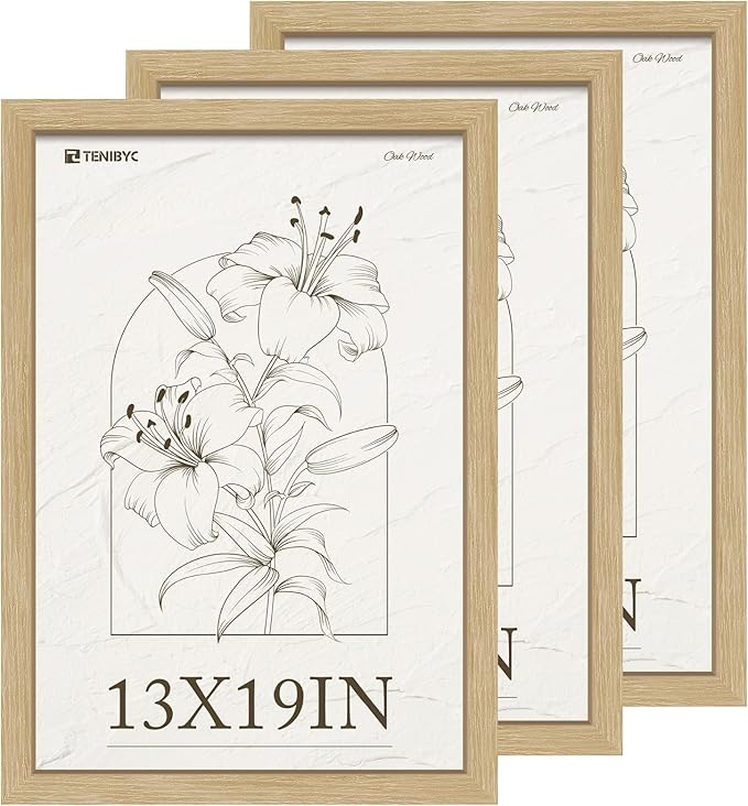13x19 Picture Frame 3 Pack, Natural Oak Wood Grain & HD Tempered Glass, Gallery Poster Frame - Wall Hanging