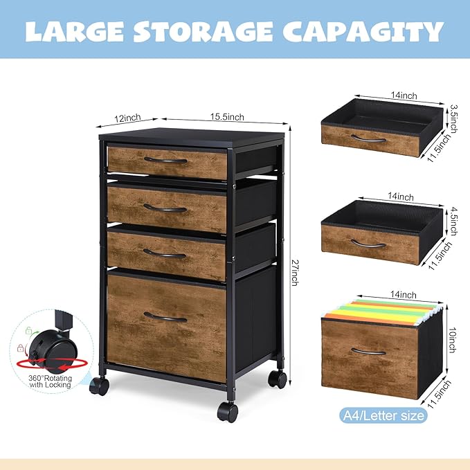 Chunful 4 Drawer Rolling File Cabinet Mobile Printer Stand Metal Cart with Fabric Vertical Filing Chest Wheels A4 Letter Size Under Desk Utility Craft Storage Organizer for Home Office(Brown)