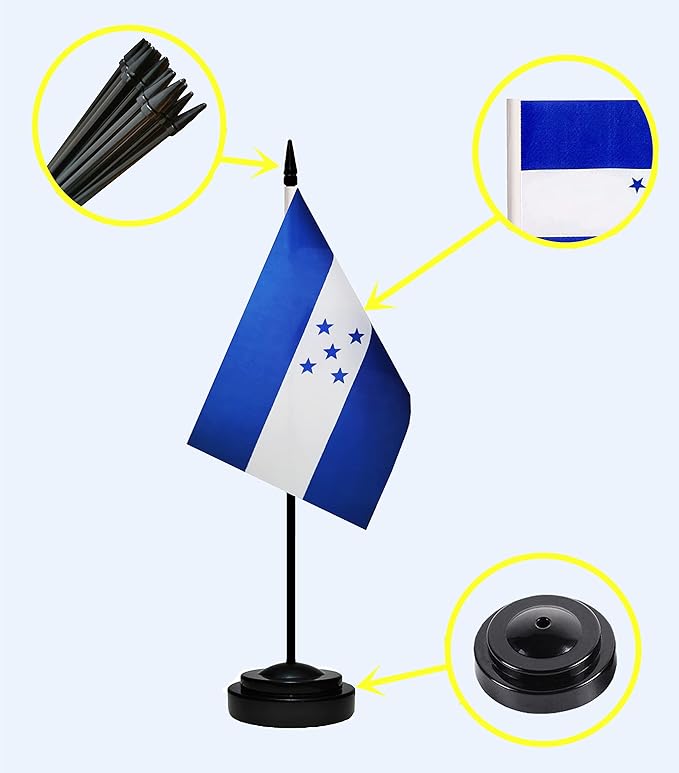 Honduras Flags Honduran Small Mini Desk Flags Set Small Mini Honduras Flags Table Flag with 13" Black Pole, Black Base and Spear Top, Miniature Honduras Deluxe Desktop Flag, Home Decoration, Office Decoration, Festival Celebrations(12 Pack )
