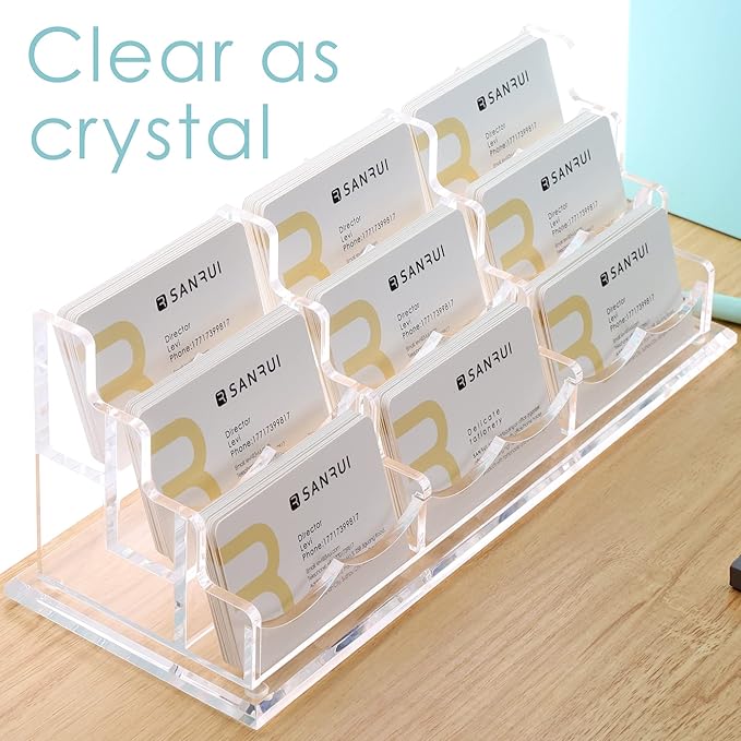 SANRUI Clear Horizontal Business Card Holder Stand for Desk, Acrylic Desktop Display Name Cards Holders Organizer Storage Rack,for Exhibition, Home , Office ,3 Tier 9 Pocket , 540 Card Capacity