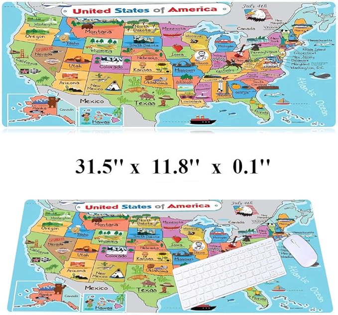 RTGGSEL 31.5x11.8 Inch Non-Slip Long Extended Large Gaming Mouse Pad with Stitched Edges XL Laptops Keyboard Mouse Mat(American Map)