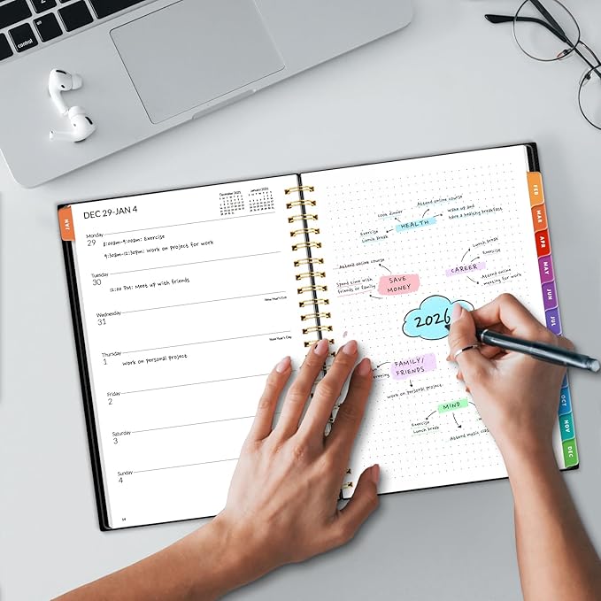2026 Planner SUNEE Weekly and Monthly Planner - January 2026-December 2026, 6.4" x 8.3" Half Weekly Half Note, Daily 2026 Calendar Planner with PVC Waterproof Cover, Monthly Tab, Note, Bookmark, Black