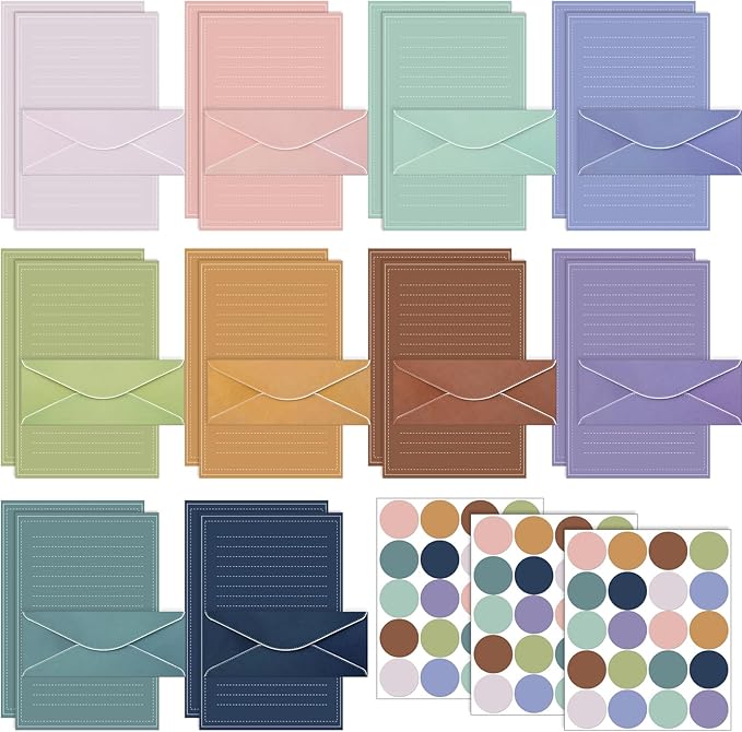 TaoBary 160 Packs Stationery Paper Set (50 Double Sided Stationery Writing Papers 50 Matching Envelopes) 60 Round Dot Sticker, 10 Design(11 x 8.5 Inch,Morandi Color)