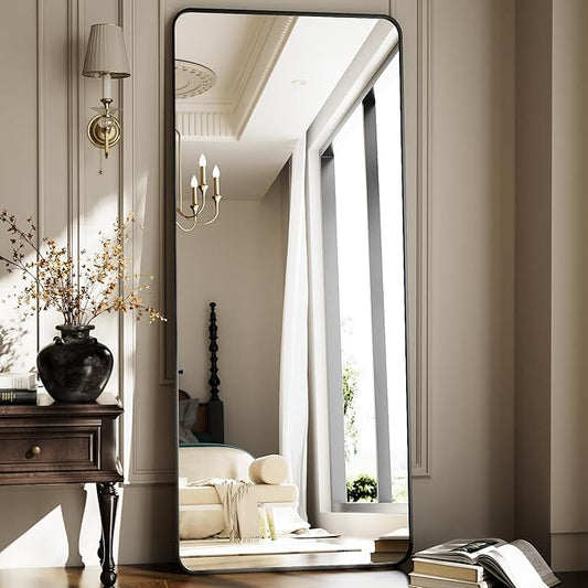 HARRITPURE 66x23 inch Rounded Full Length Mirror Aluminum Frame Mirror Full Length Floor Mirror with Stand for Living Room Bedroom Cloakroom,Black