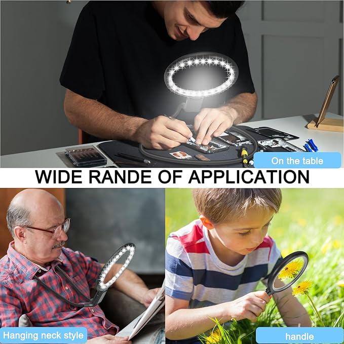 10X Rechargeable Magnifier with Light Hands Free, 5.2" Large Magnifying Glass with 36 LED Light Flexible Gooseneck for Close Work, Seniors (Black)