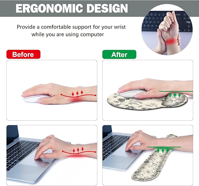 DINKY Desk Mat Mouse Pad, XXL Large Gaming Mouse Pad with Wrist Rest Wrist Support, Ergonomic Mouse Pads, Keyboard Wrist Rest, Desk Accessories Decor for Home Office, Apricot Art Leaf