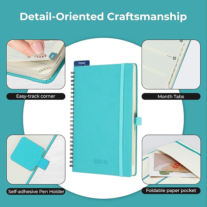 Planner 2025-2026 Daily Weekly and Monthly,8.5"x6.5",18 Months Spiral Bound Calendar Agenda with Self-adhesive Pen Holder,2026 Academic Plan with Vegan Leather Soft Cover,Light Blue