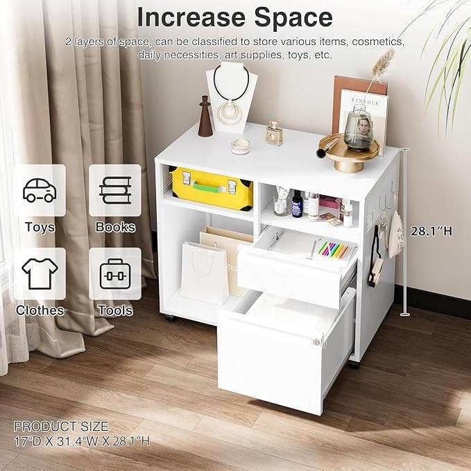 SISESOL 2 Right Drawers File Cabinet with Lock, Mobile Lateral Filing Cabinet for Legal/Letter A4 Size, Metal File Organizer Storage Cabinet with Open Storage Shelves for Home Office (White)