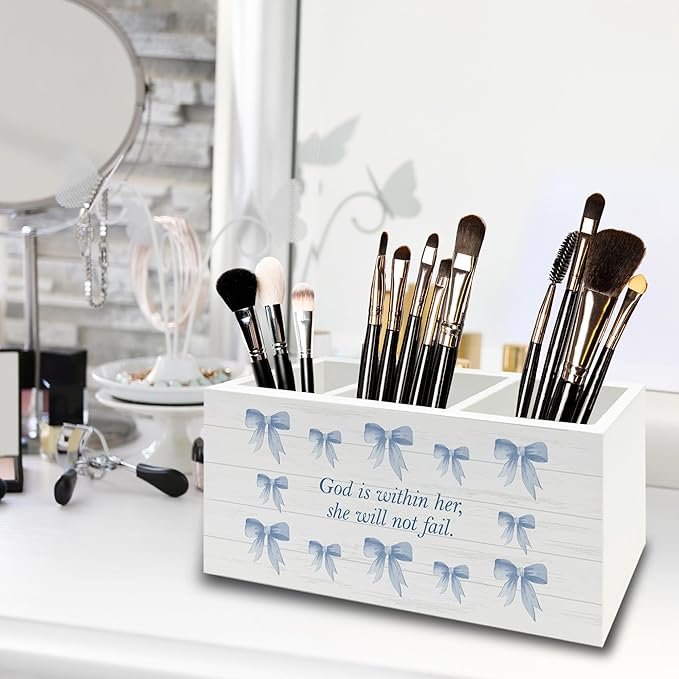 Blue Coquette Bow Christian Pen Pencil Holder Organizer for Desk, Preppy Desk Decor, Christian Gifts for Women, Bible Verse Wooden Box Sign for Girly Room Bedroom Dorm Tabletop Decorations