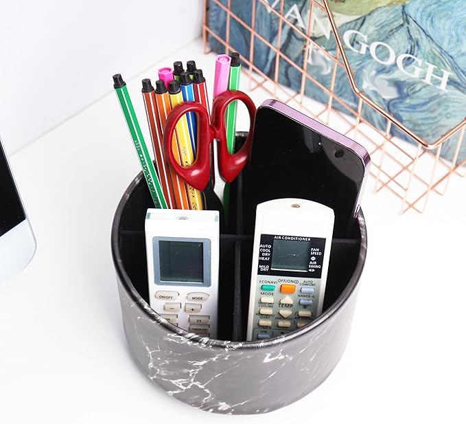 Round Leather Art Supply Organizer,Remote Control Holder,360-degree Rotating Pen Organizer with 4 Compartments(1-Marble Black Silver)