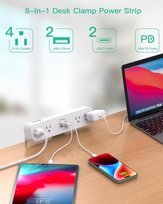 PD40W Desk Clamp Power Strip, Desktop Mount Surge Protector, Fast Charging Station, 5Ft Extension Cord Desk Edge Mount Shelf with 4 Outlets 4 USB Ports (2 USB C), Home Office Accessories Essentials