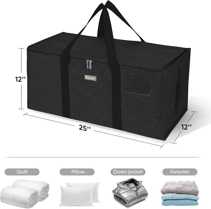 BALEINE Extra Large Storage Tote with Zippers & Carrying Handles, Heavy-Duty Oxford Fabric Moving Bags for Laundry, Space Saving, Storage, 2-Pack, Charcoal Black