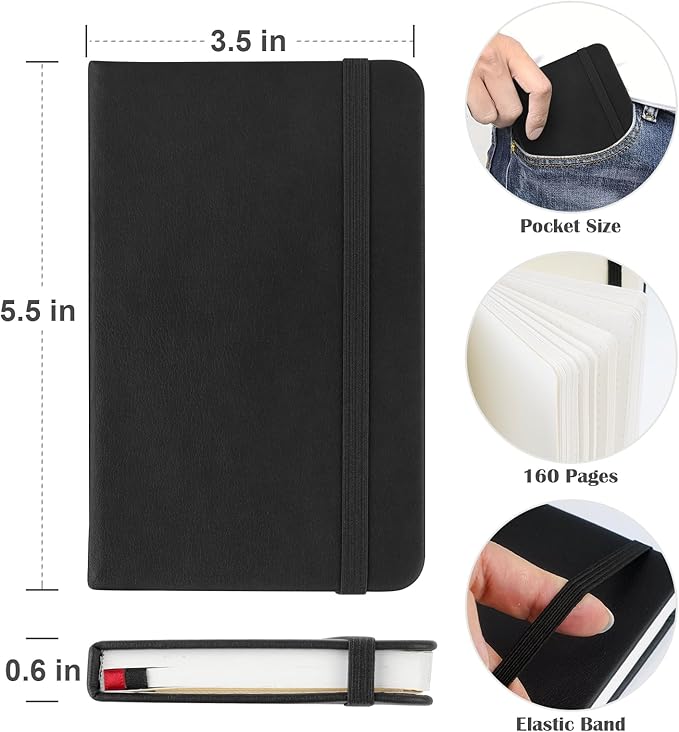 Pocket Dotted Notebook, 2-Pack Dot Grid Notebook, Dotted Journal with Stickers, 3.5" x 5.5" Hardcover, Small Mini A6 size, 160 Pages, 100 gsm Thick Paper, Black