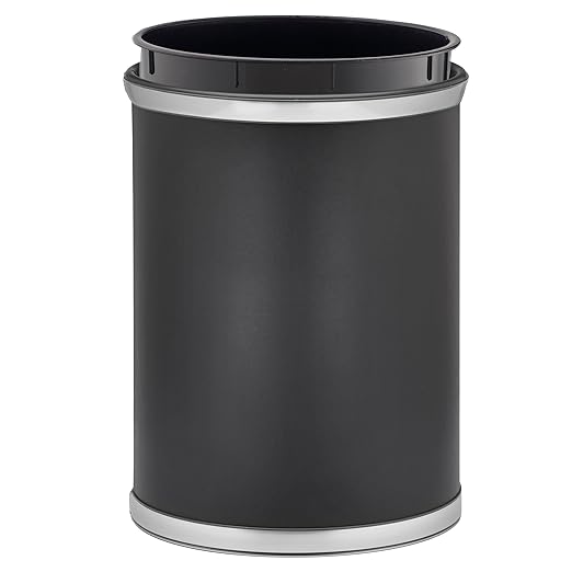 Kraftware Sophisticates Oval Wastebasket with Plastic Liner, Adding Classic Style to The Bathroom and All Other Rooms in The Home or Office, 13 Quart Capacity, Black with Brushed Chrome Trim
