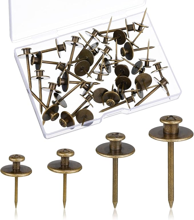 Zhengmy 40 Pcs Double Headed Picture Hangers Nails 4 Size Long Thumb Tacks Wall Nails for Hanging Pictures Decorative Push Pins Hooks for Drywall Photo Office Home Decor, 20/30/ 40/ 50lb(Bronze)